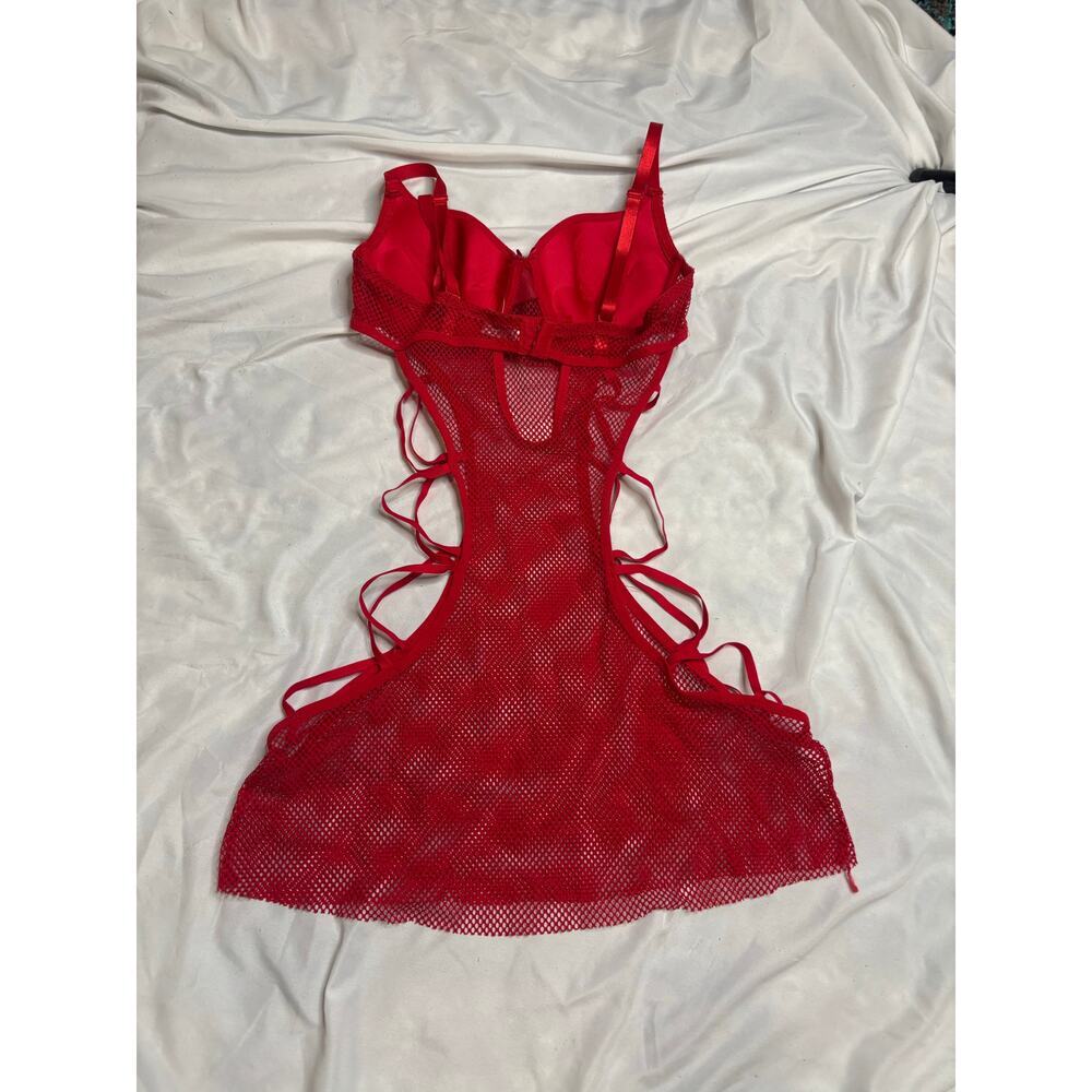 Red Lace-Up Sheer Mesh Lingerie Dress SZ SM - Picture 2 of 3